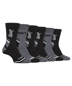 Jeep Men’s 6 Pack Performance Cotton Boot Socks: Introducing our 6 Pair Pack of Jeep Performance Poly Cotton Boot Socks for men. Crafted mainly from a superior blend of Polyester and Cotton, these socks are a perfect addition to your wardrobe, whether for work or leisure wear. Engineered for comfort and built to last, they transform your everyday boots into a comfortable, shock-absorbing haven for your feet. They also have breathable panels in the uppers for enhanced air circulation. These innovative panels ensure your feet stay cool and fresh, even after a long day's wear. With their stylish branded looks, these socks are woven with the utmost care. The natural softness of the cotton, combined with the premium and durable performance of the polyester, ensures they are not only soft but also long-lasting. Resilient and robust, these socks are lined with a terry looped pile from the cuff to the toe, providing full cushioning for your feet. A standout feature is the elasticated arch support band situated at the mid-foot. This not only gives the socks a secure hold on your foot but also offers gentle lift and support to the arch, facilitating improved foot comfort. These Jeep Socks are made from quality material consisting of 60% Polyester 38% Cotton 1% Elastodiene 1% Elastane and available in 6 different colours/styles. They are also Machine Washable. Extra Product Details: Jeep Thermal Boot Socks Performance Poly Blend Double Layered Ribbed Cuff Warm & Comfortable Terry Looped Cushioning  Arch Support Ideal For Winter Striped Marl Patterns 6 Styles/Colours Available Machine Washable