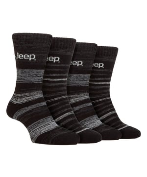 Jeep Herren 4er Pack Thermo Gestreifte Stiefelsocken: Verabschieden Sie sich endgültig von kalten Füßen mit einem Pack (oder mehr!) dieser Jeep Thermo Gestreiften Stiefelsocken! Entworfen, um Sie warm und bequem zu halten, sind diese dicken und gemütlichen 4er Pack Herren Thermo Stiefelsocken perfekt für all Ihre Aktivitäten. Unsere Stiefelsocken verfügen über Standardzehen-Nähte und -Bündchen, wodurch sie sich für den täglichen Gebrauch eignen. Mit vollflächiger Terry-Schleifenpolsterung vom Bündchen bis zu den Zehen bieten sie nicht nur Schutz, sondern auch Isolierung für kalte Momente. Hergestellt aus Jeep's thermischer Leistungs-Polyester-Mischung, sind diese Socken darauf ausgelegt, Sie in den kälteren Monaten warm und komfortabel zu halten. Der doppellagige elastische Rippbündchen sorgt für einen perfekten Sitz, während eingebaute Fußgewölbeunterstützungen ein sicheres und stabiles Gefühl geben. Aber Wärme ist nicht ihr einziges Attribut! Diese Socken sind zudem ein Blickfang, mit mehrfarbigen Melange- und gedrehten Garnstreifen, kombiniert mit auffälligen Jeep-Logos, die in den Stoff eingewebt sind. Dank des Leistungs-Polyesters sind diese Socken weich und atmungsaktiv. Dieses 4er Pack ist genau das, was Sie brauchen, um der Kälte die Stirn zu bieten und Ihre Füße warm zu halten, egal ob Sie wandern, arbeiten oder einfach nur zu Hause entspannen. Mit ihrer regulären Dicke und unübertroffenen thermischen Leistung sind diese Jeep Thermo Gestreiften Stiefelsocken Ihre ultimative Lösung, um Ihre Füße warm und bequem zu halten, egal welches Abenteuer ansteht! Diese Jeep Socken bestehen aus hochwertigen Materialien mit 58% Acryl, 38% Polyester und 4% Elastan und sind in 6 verschiedenen Farben/Stilen erhältlich. Sie sind auch maschinenwaschbar. Zusätzliche Produktdetails: Jeep Thermo Stiefelsocken Leistungs-Polyester-Mischung Doppellagiger Rippbündchen Warm & Komfortabel Terry-Loops-Polsterung Fußgewölbeunterstützung Ideal für den Winter Gestreifte Melange-Muster 6 Stile/Farben verfügbar Maschinenwaschbar.