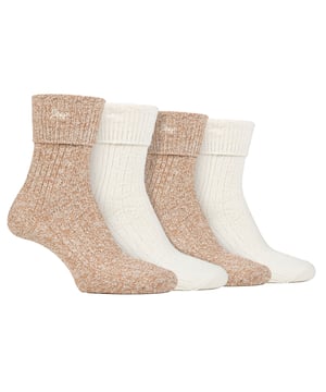 Jeep Ladies 4 Pack Turn Over Top Boot Socks: Introducing the Jeep Super Soft Turn Over Top Boot Socks, a delightful twin-packed set designed for ultimate comfort and cosiness. Crafted from 97% Polyester and 3% Elastane, these crew length ladies' socks boast a silk-like feel and are exceptionally breathable. The medium thickness, ribbed legs, and standard toe seams add to their appeal, making them a perfect match for ankle-length boots. With a charming Jeep embroidery on the turn over top cuffs, these socks come in complementing plain and marl colours. Their enhanced decorative ribbed pattern exudes elegance and style. Despite the thick knit, these socks efficiently release moisture and allow air movement, ensuring your feet stay comfortable throughout the day. Machine washable at 40°, these Jeep Super Soft Turn Over Top Boot Socks offer unbeatable softness and warmth, making them a must-have addition to your sock collection. Treat your feet to a luxurious experience with these indulgent socks. Extra Product Details: Made of 97% Polyester, 3% Elastane - silk-like feel, highly breathable. Perfect fit for ankle-length boots, medium thickness, ribbed legs. Charming Jeep embroidery, complementing plain & marl colors. Elegant ribbed pattern, moisture-wicking & airflow design. Machine washable at 40°, unbeatable softness & warmth. Luxurious experience for your feet, a must-have addition to your collection.