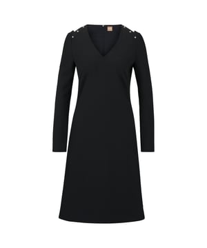 Womens BOSS Dariva Dress in black.- V-Neck.- Studded cut-out detail at shoulders.- Long sleeves.- Rear zip closure.- Knee length.- Straight cut.- Main material: 61% Polyester  26% viscose  7% cotton  6% elastane.  Dry clean.- Ref: 50485220001
