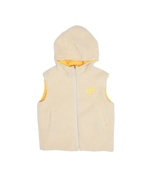 Juniors Off White Omkeerbaar Teddy Vest in wit geel.- Capuchon.- Mouwloos.- Volledige ritssluiting.- Zijzakken.- Off tonaal logo.- Geel binnenste omkeerbaar deel met OFF tonaal stempel als patroon.- 54% Acetaat 46% Polyester.- Ref: OBEA0090010318