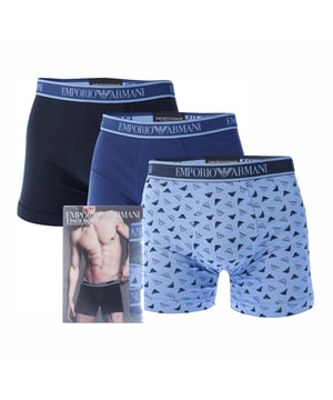Mens Emporio Armani 3 Pack of Core Logo Boxers in various.- Branded elasticated waistband.- Stretch fabric.- 95% Cotton  5% Elastane.XS = 27-29inS = 30-32inM = 32-34inL = 34-36inXL = 37-39inXXL = 39-41in- Ref: 1121314F775336We regret that underwear is non-returnable due to hygiene reasons.