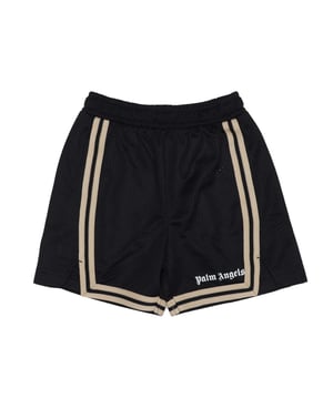 Juniors Palm Angels Logo Mesh Shorts in black white.- Elasticated waistband.- Contrasting edge stripes.- Palm Angels' signature Gothic branding at the front.- Split hems.- 100% Polyester.- Ref: PBCB0050011001