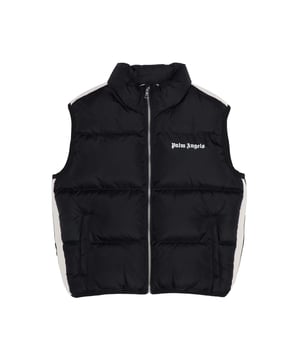 Juniors Palm Angels Logo Padded Track Vest in black-white.- High neck.- Full zip fastening.- Fillet pockets.- Padded.- Palm Angels logo.- Beige knitted band with black stripe sewn on shoulder and at side.- Regular fit.- 100% Polyamide.- Ref: PBEA0100011001