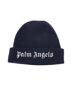 Juniors Palm Angels Knit Logo Beanie in navy-white.- Knitted.- Palm Angels logo embroidered at front.- Regular fit.- Ref: PBLC0050014601