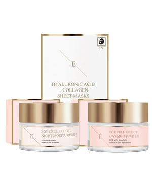 1. Die EGF Cell Effect Day Moisturiser ist ein innovatives Hautpflegeprodukt zur Unterstützung der Hautregeneration, der Feuchtigkeitsversorgung und des Anti-Aging während des ganzen Tages. Die Feuchtigkeitspflege mit Epidermal Growth Factor (EGF) stimuliert die Zellerneuerung und die Kollagenproduktion und hilft so, feine Linien und Fältchen zu reduzieren und die Elastizität und Struktur der Haut zu verbessern. Die leichte und dennoch nährende Formel spendet lang anhaltende Feuchtigkeit, schützt die Haut vor Umwelteinflüssen und macht sie weich, glatt und strahlend.                                          2. Die EGF Cell Effect Night Moisturiser ist eine fortschrittliche Nachtpflege, die die Hautregeneration und -reparatur während des Schlafs fördert. Angereichert mit dem Epidermal Growth Factor (EGF) fördert diese Feuchtigkeitspflege die Zellerneuerung und die Kollagenproduktion und hilft so, feine Linien, Falten und andere Zeichen der Hautalterung zu mindern. Die reichhaltige, nährende Formel spendet der Haut viel Feuchtigkeit und revitalisiert sie, so dass Sie mit einem glatteren, strafferen und strahlenderen Teint aufwachen. Außerdem stellt sie die natürliche Hautbarriere wieder her und verbessert die allgemeine Textur und Widerstandsfähigkeit der Haut.                                          3 Verwöhnen Sie Ihre Haut mit unserer Hyaluronsäure- und Kollagenmaske, einem Set aus 3 luxuriösen Blättern, die intensive Feuchtigkeit spenden und die Haut revitalisieren. Jede Maske enthält Hyaluronsäure, die für ihre außergewöhnlichen feuchtigkeitsspeichernden Eigenschaften bekannt ist, und Kollagen, das die Elastizität der Haut verbessert und das Erscheinungsbild feiner Linien und Fältchen mindert. Diese Masken sind für alle Hauttypen geeignet und sorgen für einen sofortigen Feuchtigkeitsschub, so dass sich Ihre Haut prall, glatt und verjüngt anfühlt.