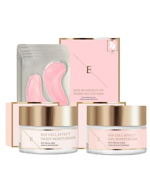 1. De EGF Cell Effect Day Moisturiser is een geavanceerd huidverzorgingsproduct dat is ontwikkeld om de regeneratie, hydratatie en anti-aging van de huid de hele dag door te ondersteunen. Deze moisturizer, verrijkt met Epidermal Growth Factor (EGF), stimuleert de celvernieuwing en collageenproductie, helpt fijne lijntjes en rimpels te verminderen en verbetert de elasticiteit en textuur van de huid. De lichte maar voedende formule biedt langdurige hydratatie, beschermt de huid tegen negatieve milieu-invloeden en maakt haar zacht, glad en stralend.                                          2. De EGF Cell Effect Night Moisturiser is een geavanceerde nachtverzorging die is ontworpen om de regeneratie en het herstel van de huid te verbeteren terwijl je slaapt. Deze moisturizer, verrijkt met Epidermal Growth Factor (EGF), bevordert celvernieuwing en collageenproductie en helpt fijne lijntjes, rimpels en andere tekenen van veroudering te verminderen. De rijke, voedende formule hydrateert diep en revitaliseert de huid, zodat je wakker wordt met een gladdere, stevigere en meer stralende teint. Het herstelt ook de natuurlijke barrière van de huid en verbetert de algehele textuur en veerkracht.                                                  3. Revitaliseer je oogcontouren met onze Rose Blossom Glow Hydro-Gel Eye Pads, een set van 5 paar die zijn ontworpen om vermoeide ogen te hydrateren, kalmeren en verhelderen. Elk hydro-gel kompres is doordrenkt met voedend rozenextract en krachtige antioxidanten om zwellingen te verminderen, donkere kringen te verminderen en fijne lijntjes glad te strijken. Het verkoelende effect van de hydro-gel zorgt voor een onmiddellijk verfrissende sensatie, waardoor de tere huid rond je ogen er verjongd en stralend uitziet. Deze oogpads zijn geschikt voor alle huidtypes en zijn de perfecte aanvulling op je huidverzorgingsroutine voor een onmiddellijke oppepper.
