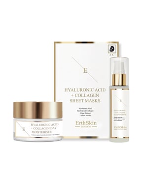 Hyaluronzuur & Collageen Dagcreme (50ml): Vul je huid weer aan en verjong deze met onze luxe dagcreme, verrijkt met hyaluronzuur en collageen, die intense hydratatie en stevigheid biedt voor een stralende, jeugdige teint elke dag.

Hyaluronzuur & Collageen Serum (60ml): Ontketen de kracht van hyaluronzuur en collageen met ons krachtige serum, ontworpen om de huid diep te hydrateren en de elasticiteit te herstellen, fijne lijntjes en rimpels te verminderen, waardoor je huid er vol, glad en revived uitziet.

Hyaluronzuur & Collageen Masker (3 vellen): Verwen jezelf met een spa-achtige ervaring met onze maskers verrijkt met hyaluronzuur en collageen, elk vel doordrenkt met hydraterende en verstevigende ingrediënten om vocht aan te vullen, elasticiteit te verhogen en een luminositeit en dewy teint te bevorderen na slechts één gebruik.