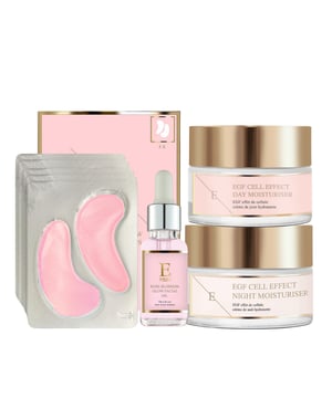 1. Der EGF Cell Effect Tagesmoisturizer ist ein hochmodernes Hautpflegeprodukt, das darauf abzielt, die Hautregeneration, Hydratation und Anti-Aging-Effekte den ganzen Tag über zu unterstützen. Angereichert mit dem Epidermalen Wachstumsfaktor (EGF) regt diese Feuchtigkeitscreme die Zellerneuerung und Kollagenproduktion an, hilft dabei, das Erscheinungsbild von feinen Linien und Falten zu reduzieren und verbessert die Elastizität und Textur der Haut. Die leichte, aber nährende Formel sorgt für langanhaltende Feuchtigkeit, schützt die Haut vor umweltbedingten Stressfaktoren und hinterlässt sie weich, glatt und strahlend. 

2. Der EGF Cell Effect Nachtmoisturizer ist eine fortschrittliche nächtliche Hautpflegebehandlung, die darauf abzielt, die Hautregeneration und -reparatur während des Schlafs zu fördern. Angereichert mit dem Epidermalen Wachstumsfaktor (EGF) unterstützt diese Feuchtigkeitscreme die Zellerneuerung und Kollagenproduktion, hilft dabei, das Erscheinungsbild von feinen Linien, Falten und anderen Alterszeichen zu verringern. Die reichhaltige, nährende Formel spendet tiefenwirksame Feuchtigkeit und revitalisiert die Haut, sodass Sie mit einem glatteren, strafferen und strahlenderen Teint aufwachen. Sie hilft auch, die natürliche Barriere der Haut wiederherzustellen und verbessert die allgemeine Textur und Widerstandsfähigkeit. 

3. Beleben Sie Ihre Augenpartie mit unseren Rose Blossom Glow Hydro-Gel Augenpads, einem Set aus 5 Paar, das entwickelt wurde, um müde Augen zu hydratisieren, zu beruhigen und aufzuhellen. Jedes Hydro-Gel-Pad ist mit nährendem Rosenextrakt und wirksamen Antioxidantien angereichert, um Schwellungen zu reduzieren, dunkle Augenringe zu mindern und feine Linien zu glätten. Der kühlende Effekt des Hydro-Gels sorgt für ein sofort erfrischendes Gefühl und hinterlässt die zarte Haut um Ihre Augen herum vitalisiert und strahlend. Geeignet für alle Hauttypen sind diese Augenpads die perfekte Ergänzung zu Ihrer Hautpflegeroutine für einen sofortigen Frischekick. 

4. Enthüllen Sie die natürliche Strahlkraft Ihrer Haut mit unserem Rose Blossom Glow Gesichtsöl, einem 30-ml-Elixier, das entwickelt wurde, um Ihren Teint zu nähren, zu hydratisieren und zu verjüngen. Angereichert mit purem Rosenextrakt bietet dieses luxuriöse Gesichtsöl intensive Feuchtigkeit, während es die Hautelastizität verbessert und einen gesunden Glow fördert. Reich an Antioxidantien und essenziellen Fettsäuren hilft es, Altersanzeichen zu bekämpfen, das Erscheinungsbild von feinen Linien zu reduzieren und Ihre Haut vor umweltbedingten Stressfaktoren zu schützen. Geeignet für alle Hauttypen zieht die leichte, nicht fettende Formel schnell ein und hinterlässt Ihre Haut weich, glatt und strahlend.