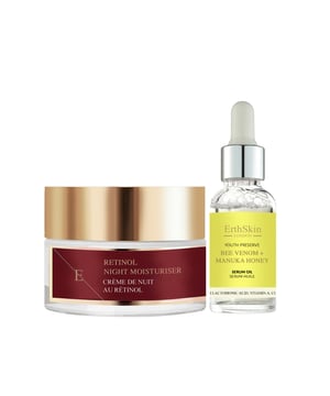 Verjong je huid terwijl je slaapt met onze Retinol Nachtverzorging (50ml), speciaal ontwikkeld om de uitstraling van fijne lijntjes en rimpels te verminderen, en om een gladdere en jeugdiger ogende huid te onthullen. Combineer het met onze Bee Venom + Manuka Honing Serum Olie (30ml), verrijkt met krachtige antioxidanten en voedende ingrediënten om de huidvernieuwing en vitaliteit te bevorderen, waardoor je teint een gezonde, stralende glans krijgt.