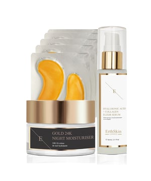 De Anti-Wrinkle Night Moisturiser 24k Gold is een luxe crème die is ontworpen om je huid te voeden en te herstellen terwijl je slaapt. Deze rijke moisturizer, verrijkt met 24k goud en geavanceerde anti-aging ingrediënten, hydrateert diep, verstevigt en maakt de huid voller en vermindert fijne lijntjes en rimpels. De gouddeeltjes versterken de glans van de huid, zodat je wakker wordt met een stralende en gerevitaliseerde teint. Regelmatig gebruik ondersteunt de regeneratie van de huid en helpt een jeugdige gloed te herstellen.

De Collagen Gold Under Eye Patch 24k Gold bevat 10 pads die speciaal zijn samengesteld om de tere huid rond de ogen te behandelen. Deze patches zijn verrijkt met 24k goud en collageen en helpen donkere kringen, wallen en fijne lijntjes te verminderen. De hydraterende formule revitaliseert de huid onder de ogen en zorgt voor een onmiddellijk verfrissend effect. Deze patches zijn ideaal voor vermoeide ogen en bieden een snelle en effectieve oplossing voor een stralend, jeugdiger uiterlijk.

Het hyaluronzuur- en collageenserum is een krachtig elixer dat intense hydratatie levert en de elasticiteit van de huid bevordert. Dit serum is geformuleerd met hyaluronzuur en collageen, vult de huid op en vermindert fijne lijntjes en rimpels. De lichte textuur zorgt voor een snelle absorptie, waardoor het een essentieel onderdeel is van je huidverzorgingsroutine voor een gladdere en jeugdigere teint.

Samen zorgen deze producten voor een allesomvattende aanpak van anti-aging, hydratatie en verjonging, waardoor je een stralend en jeugdig uiterlijk krijgt.