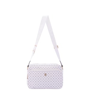 Bolso bandolera para mujer. El cierre es con cremallera. Los bolsillos internos son uno con cremallera. Los bolsillos externos son uno delantero con cremallera y otro trasero con cremallera. La bandolera es ajustable en tela. Falta el mango. Hay un compartimento interno. El material exterior es ecopiel. Internamente está forrado en poliéster. Medidas: 18x28x11 cm. Producto de moda