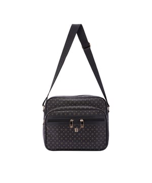 Bolso bandolera para mujer. El cierre es con cremallera. Los bolsillos internos son uno con cremallera. Los bolsillos externos son tres con cremalleras delanteras y una cremallera trasera. La bandolera es ajustable en tela. Falta el mango. Hay un compartimento interno. El material exterior es ecopiel. Internamente está forrado en poliéster. Medidas: 24x29x13 cm. Producto de moda