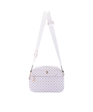 Bolso bandolera para mujer. El cierre es con cremallera. Los bolsillos internos son uno con cremallera. Los bolsillos externos son uno delantero con cremallera y otro trasero con cremallera. La bandolera es ajustable en tela. Falta el mango. Hay dos compartimentos internos. El material exterior es ecopiel. Internamente está forrado en poliéster. Medidas: 19x26x9 cm. Producto de moda