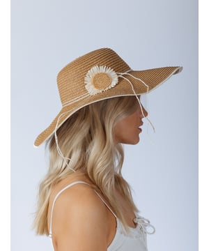 Sunflower Straw Sun Hat. Get holiday-ready with this flower-adorned beach hat. Designed with a wide brim to protect your face from UV rays, its made from breathable materials, offering flexibility and foldability for easy packing and convenience. Size: 56-58cm L:43 W:43 H:10 HW320228