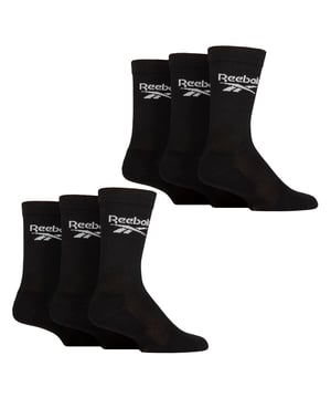 Reebok - 6 Pair Men's & Ladies Core Ribbed Cotton Crew Socks: Reebok Core Ribbed Crew Socks are the perfect addition to your everyday sock collection. With a classic design featuring the iconic Reebok logo, these sporty ribbed leg socks offer a soft, stretchy feel, making them ideal for all-day comfort. The built-in arch support is specially designed to provide a secure, snug fit that conforms to the natural contours of your foot, helping to reduce fatigue and improve stability throughout the day. This makes ribbed socks ideal for maintaining a snug fit around the calf, offering gentle compression that enhances circulation and prevents sagging, which is especially useful during physical activity or long periods of wear. The seamless toe design eliminates the traditional bulky seam found in most socks, reducing the risk of irritation and friction. This feature enhances comfort, particularly during long periods of wear, as it prevents pressure points and chafing around the toes. Ideal for those who prefer an unobtrusive and minimalist style, these socks seamlessly blend into any outfit while maintaining maximum comfort throughout the day. These socks offer a great balance of softness, durability, and flexibility. Available in packs of 6 pairs, they come in Black or White, and three UK sizes: 6-8, 8-10, and 10-12. Made from a breathable cotton blend with 59% Cotton, 36% Polyester, 4% Elastane, and 1% Polyamide they are also machine washable at 40°, making them easy to care for and perfect for everyday wear. Extra Product Details: Reebok Core Crew Socks Arch Support for Snug Fit Cotton Blend Seamless Toe & Cushioned Sole Ribbed Leg for Comfort Available in Black & White Soft and Breathable 6 Pairs Per Pack 3 UK Sizes: 6-8, 8-10, 10-12 Machine Washable