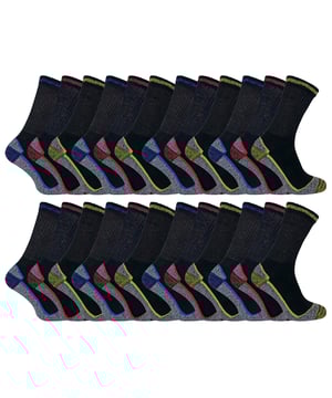 Calcetines de trabajo de bambú - ¡A granel!: ¿Buscas unos calcetines de trabajo fiables y resistentes? No busque más, estos calcetines de trabajo de bambú están ahora disponibles en una fantástica oferta a granel. Con 24 pares incluidos, usted tendrá un par fresco para cada día de trabajo sin romper el banco. Estos calcetines de trabajo están diseñados pensando en su comodidad. El grueso acolchado de bambú proporciona una comodidad excepcional, incluso durante largos periodos caminando o de pie. La viscosa de bambú de la suela permite que los pies respiren y evacua la humedad, manteniendo los pies secos y sin olores. Diseñados para una mayor durabilidad, estos calcetines de trabajo cuentan con talones y punteras reforzados, lo que los hace perfectos para llevar con botas con puntera de acero y botas industriales. El verdadero diseño de talón y puntera evita el movimiento en los zapatos y garantiza un ajuste seguro. Los bucles de rizo reforzados y las costuras lisas de los dedos añaden comodidad y longevidad adicionales, especialmente cuando se usan con botas con puntera de acero. Además, son ricos en algodón para una suavidad natural y el máximo confort. Disponibles en dos tallas (4-7 y 6-11 UK), estos calcetines se adaptan a una amplia gama de tamaños de pie. Detalles adicionales del producto: - Oferta de 24 pares a granel - Dos tallas disponibles - Duraderos y resistentes - Diseñados específicamente para botas con puntera de acero - Suela de bambú de pelo alto para mayor comodidad - Diseño talón/dedo del pie real para un mejor ajuste - Propiedades antiolor para mantener los pies frescos - Ricos en algodón para una suavidad natural - Plantilla de bambú acolchada para mayor comodidad - Composición: 55% algodón, 20% viscosa (bambú), 18% poliéster, 4% nailon, 3% elastán - Lavables a máquina