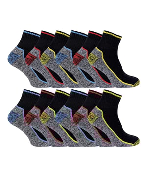 12 pares de calcetines de trabajo cortos de bambú: Obtenga el último acuerdo de valor a granel con nuestros calcetines de trabajo de bambú cuarto. Con todas las características de nuestros calcetines de trabajo de bambú originales, incluyendo un pie acolchado, talón y puntera reforzados, y un alto contenido de viscosa de bambú, estos calcetines ofrecen la máxima transpirabilidad durante el clima cálido para los meses de verano. Estos calcetines de trabajo tobilleros hechos con bambú son perfectos para aumentar la transpirabilidad. La longitud más corta da la exposición que sus piernas necesitan durante el tiempo caliente, y el alto contenido de bambú permite que los calcetines absorban la humedad de sus pies y piernas eficientemente. La fibra de bambú es conocida por sus propiedades antiolor, ideales para mantener los pies libres de sudor y proporcionar al usuario un calcetín suave y cómodo. Esto no hace que el calcetín sea menos duradero, el acolchado grueso en todo el calcetín y el refuerzo en el talón y la puntera lo garantizan. Elige entre 3 tallas y tres opciones de color en el paquete.