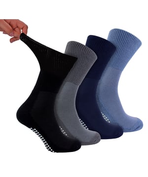 Dr.Socks 4 Pack Bamboo Diabetic Socks With Grips: Dr.Socks is a brand that aims to innovate when it comes to keeping your feet comfortable. We believe in the importance of looking after your well-being, by using high-quality materials, Dr.Socks are able to produce some of the finest socks that help relieve health issues that affect our feet. Bamboo is known for being luxuriously soft and comfortable and is superior to cotton. Its natural properties of moisture wicking helps keep feet sweat free, improving breathability and overall comfort. . These socks are ideal for people with diabetes who suffer from poor circulation or swollen ankles. They have an extra wide non elastic top which allows the sock to fit to the natural shape of your legs reducing painful ring marks left by the constriction that normal elastication can create. Dr.Socks Diabetic Socks are made of 43% Viscose From Bamboo, 40% Organic Cotton, 12% Polyester, 3% Polyamide, 2% Elastane and are available in 3 Colours: Black, White & Black/Navy/Grey/Blue. They come in 4 sizes: 4-7 UK, 6-8 UK, 9-11 UK & 12-14 UK and are safely Machine Washable. Extra Product Details: Dr.Socks Bamboo Diabetic Socks 4 Pairs Per Pack Non Slip Grippers Super Soft Bamboo Fibres Extra Wide Non Elastic Top Ribbed Design Socks Handlinked Smooth Toe Soft & Durable Diabetic Friendly Moisture Wicking Properties 4 Colour Options Dr.Socks Branded