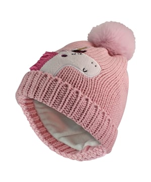 Kids Unicorn Jacquard Hat with Turn-Up Fleece Lining and Pompom - Fun, Cozy, and Perfect for Winter: Keep your little ones warm and stylish this winter with the Kids Unicorn Jacquard Hat, featuring a playful unicorn design and a fluffy pompom. This adorable hat is made from high-quality materials that provide warmth and comfort during chilly days. The turn-up fleece lining adds an extra layer of insulation, ensuring your child's head stays cozy and protected from the cold. Whether they’re playing outside or heading to school, this hat offers a combination of fun and functionality, making it the perfect winter accessory. The whimsical unicorn pattern brings a touch of magic to your child’s wardrobe, while the soft fleece lining ensures a snug, comfortable fit. The hat is designed to stay in place, providing warmth without compromising style. The addition of the pompom adds an extra playful element, making it a hit with kids who love fun and fashionable winter gear. Durable enough to withstand outdoor adventures, this hat is perfect for everything from snowball fights to family outings. Extra Product Details:. Fun Unicorn Jacquard Design Turn-Up Fleece Lining for Added Warmth Soft and Cozy for Comfort Fluffy Pompom for a Playful Touch Perfect for Cold Weather Activities Durable and Long-Lasting Easy to Pair with Winter Outfits
