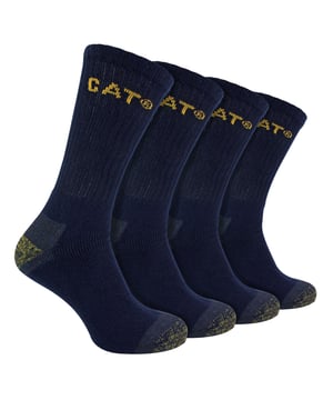 CAT - Men’s 4 Pack Premium Work Socks: The CAT Work Premium Socks are a revolutionary blend of comfort, protection, and durability crafted to redefine your workday experience. These socks stand as a testament to uncompromising quality, designed to meet the rigorous demands of strenuous activities and cater to individuals who rely on the unwavering support of their feet. Elevate your comfort with a cutting-edge design featuring strategic cushion padding in the heel and toe areas. Precision meets perfection with alignment points meticulously placed on the toe and heel, ensuring correct positioning and preventing any excess fabric from causing irritation during extended wear. Designed for practicality, These socks come in 3 colour options: Black, Navy & Charcoal and are available in 3 sizes: 6-9 UK, 9-11 UK & 12-14 UK. They are made from 73% Cotton, 26% Polyester, 1% Elastane and are also machine washable at 40. Extra Product Details: CAT 4 Pack Premium Work Socks Robust & Durable Combed Cotton Fibres 3 Colour Options Soft Feel & Durable Fabric Cushioned Heel & Toe Ideal For Steel Top Cap Boots 73% Cotton, 26% Polyester, 1% Elastane Machine Washable