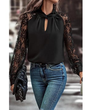 Black Keyhole Neckline Floral Lace Raglan Sleeve Blouse
  Keyhole neckline
  Delicate floral lace sleeves
  Raglan sleeves for a modern silhouette
  Available in sizes S to XL
  Low elasticity
Material: 100% Polyester