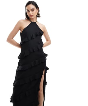 Dresses by Pretty Lavish Dress the part Halterneck style Ruffle details Zip-side fastening Side split Regular fitSold By: Asos