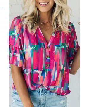 Chic and unique Rose Abstract Brushwork Print
  V
  neck and buttoned detail
  Ruffled sleeves add a touch of grace
  Made of lightweight and soft material
  Comfortable to wear all day long
  Pairs well with pants or skirts
  Popular among different ages
  Please check the size chart below for the perfect fit