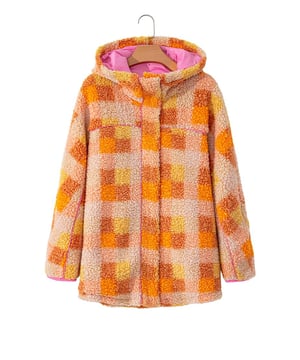 Orange Checkered Sherpa Hooded Jacket
  Soft Sherpa material for maximum comfort
  Classic checkered pattern for a timeless and chic look
  Versatile tunic design
  Ideal for layering over any outfit for a fashionable winter ensemble
  Available in S M L and XL sizes