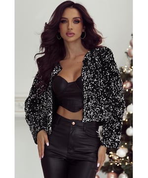 Black sequined design for a glamorous look
  Open front for versatile styling
  Long sleeves for coverage and chic silhouette
  Perfect to pair with skirts jeans pants and shorts
  Captivating patterns and textures
Material: 100% PET