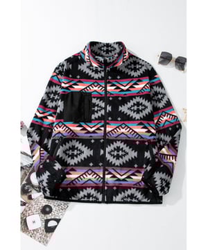 Vibrant Aztec print adds a touch of boho flair
  Convenient zip
  up design for easy wearability
  Stylish collar enhances the jackets chic appeal
  Side pockets provide practical storage options
Material: 100% Polyester