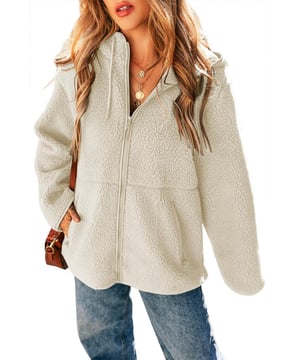 Beige fleece zip
  up jacket
  Adjustable hood with drawstring
  Convenient side pockets
  Versatile for layering or wearing alone
  Perfect for chilly days and cozy nights
Material: 100% Polyester