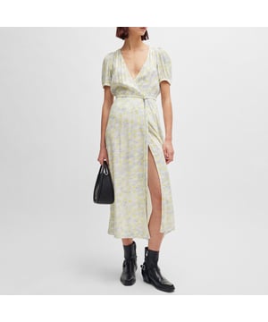 fluid midi dress with wrap detail and fabric bow - v-neck - elastic waistline - short voluminous sleeves