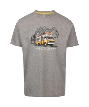 60% Baumwolle, 40% Polyester. Gewebetechnik: Atmungsaktiv, TP75-Material. Gewebe: Jerseyware. Design: Berg, bedruckt, Aufschrift, Bäume, Van. Gewebtes Etikett. GSM (Gramm pro Quadratmeter): 180. Material: langlebig. Rundhalsausschnitt. Kurzärmlig. XS: 88,9 cm. S: 93,98 cm. M: 102 cm. L: 109 cm. XL: 116,84 cm. XXL: 121,92 cm.