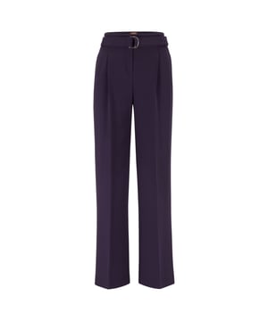 Dames BOSS Tapiana relaxed-fit broek van kreukherstellende Japanse crêpe in paars.Chique kreukherstellende broek van Japanse crêpe van BOSS Womenswear. Deze broek met wijde pijpen en riem heeft een relaxte pasvorm en een plooi aan de voorkant. Dit product is gemaakt met cellulosevezels die afkomstig zijn van natuurlijk ruw houtmateriaal en afkomstig zijn uit verantwoord beheerde bossen.- Gulp met rits en knoopsluiting.- Inclusief riem.- Hoge taille.- Wijde pijpen.- Plooi aan de voorkant.- Franse zakken aan de voorkant; paspelzak aan de achterkant.- Relaxed fit.- Kwaliteit: 69% Triacetaat 31% Polyester. Zakken: 100% Katoen.  Machinewasbaar.- Ref: 50479405-506