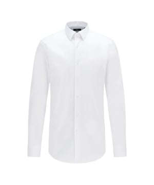 Herenhemd Boss P-Ray Kent. Een sneeuwwit getailleerd overhemd met een Kent-kraag en lange mouwen verhoogt de formaliteit van elke look. Voor het naaien van het model gebruikten de vakmensen van het merk dunne stretch katoenpopeline. Een eenkleurig product van ademende stof met toevoeging van duurzame polyamidevezels kreukt minder en is gemakkelijk te strijken, waardoor het de hele dag fris blijft.- Gemakkelijk te strijken.- Effen kleur.- Lange mouwen.- Knoopmanchetten.- Kentkraag.- Slim fit. Materiaal: 75% Katoen, 20% Polyamide, 5% Elastaan. Ref: 50461803100.