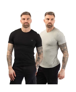 Mens Calvin Klein 2 Pack of Essential Crew T- Shirt in black grey.- Crewneck.- Short sleeves.- Printed branding.- Soft cotton stretch.- 95% Cotton  5% Elastane.- Ref: 000NB2221ABHY
