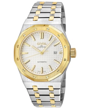 The Gevril Gotham Men’s Watch is a bold celebration of luxury and urban sophistication, drawing inspiration from the exclusive Gotham neighborhood and its prestigious Park Row district. Known for its stately architecture and as a haven for New York’s elite, Park Row epitomizes a legacy of wealth, power, and refinement—qualities embodied in this remarkable timepiece. Crafted with meticulous attention to detail, the Gotham Watch features a 41mm round case, accentuated by a rich top ring that evokes the gleam of opulent cityscapes. The embossed dial, adorned with elegant detailing, mirrors the understated grandeur of Park Row’s historic façades and its harmonious blend of tradition and modernity. A day display positioned at 3 o’clock enhances its practicality, reflecting the precision demanded by those who command time and success. The push/pull hexagon crown, a signature of strength and distinctiveness, and the exhibition case back offer a glimpse into the Swiss-made Sellita SW200-1 automatic movement, a testament to the timepiece's exceptional craftsmanship. The stainless-steel satin bracelet, secured by a deployment buckle, combines durability with an effortless sense of style, reminiscent of the polished sophistication that defines Park Row’s affluence. Protected by an anti-reflective sapphire crystal and water-resistant up to 100 meters, the Gotham Watch is as resilient as the city it represents. It is designed for the discerning gentleman who seeks a timepiece that embodies both function and artistry—a watch that resonates with the rhythm of New York City, where ambition meets elegance. The Gevril Gotham Men’s Watch is more than a timepiece; it is a statement. With every glance, it serves as a reminder of Park Row’s legacy and the wearer’s connection to a world of luxury, power, and prestige.