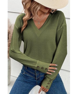 Jungle green textured knit top
  V neck with button cuffs
  Long sleeves
  Regular fit
  Versatile and easy to match with any outfit
  Unisex
Material: 70% Polyester 27% Viscose 3% Elastane