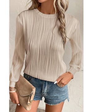 Apricot Textured Wavy Round Neck Long Sleeve Top
  Intricate wavy fabric for a distinctive tactile appeal
  Classic round neck suitable for most
  Timeless design that complements any casual wardrobe
  Concise style and solid color make it versatile to style
  Unisex top that pairs well with any fashionable jeans and pants
  Size chart available for your convenience
Material: 91% Polyester 9% Elastane