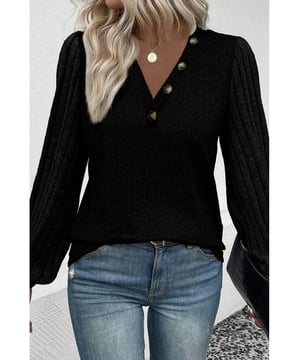 Versatile and elegant Black Buttoned V Neck Ribbed Puff Sleeve Top
  Solid color for easy pairing with different bottoms
  Sophisticated buttoned decor
  Flattering V
  neckline adds a feminine touch
  Cozy and textured ribbed fabric
  Delicate cuttings and attractive prices for our dropship long sleeve tops
  See size chart for medium
  high elasticity
Material: 95% Polyester 5% Elastane