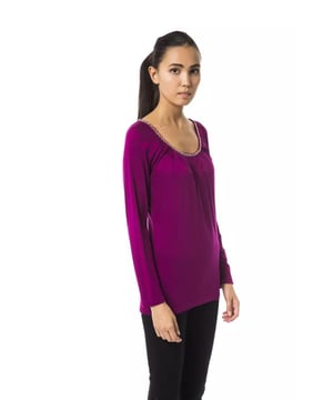Purple Viscose Tops & T
  Shirt
  Open round neck design
  Long sleeves
  Soft and comfortable viscose fabric
  Versatile and stylish
  Perfect for casual and formal occasions
  Pair with jeans or a skirt for a chic look
  Must
  have addition to any womans wardrobe
Material: 95% Viscose 5% Elastane