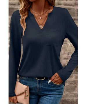 Solid color long sleeve tee
  Notched V
  neckline
  Patched pocket for added detail
  Flattering fit
  High
  quality fabric
  Available in multiple sizes with high elasticity
Material: 75% Polyester 20% Viscose 5% Elastane