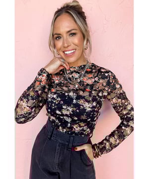 Our styles are designed with a trendy fitted look in mind following an international size standard. For the best fit we suggest choosing one size up from your usual. Be sure to check our sizing chart to find your perfect match!
  Black floral mesh sheer long sleeve top
  Romantic and charming floral pattern
  Sheer mesh fabric for an alluring look
  Flattering fit with lettuce edge trim
  Ideal for date night or everyday style
Material: 95% Polyester 5% Elastane
Size on Tag: M