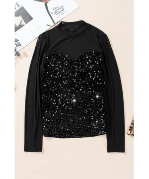 Sheer mesh blouse with mock neck
  Sparkling sequins for a glamorous touch
  Luxurious velvet material
  Long sleeves for coverage
  Trendy silhouette