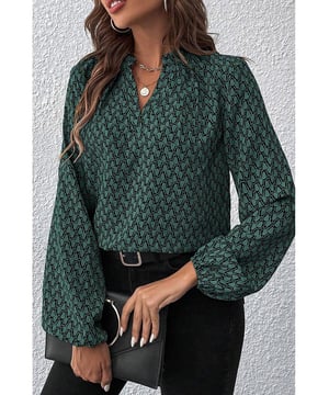 Green geometric print
  Notched neck design
  Puff sleeves
  Comfortable fit
  Suitable for everyday wear and special occasions
Material: 100% Polyester