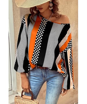 Orange polka dot vertical striped printed blouse
  Loose fit for added comfort
  Playful polka dots for a fun and timeless pattern
  Elegant vertical stripes for a flattering silhouette
  Stylish puff sleeves for a touch of sophistication
  Available in sizes S to XL
Material: 100% Polyester