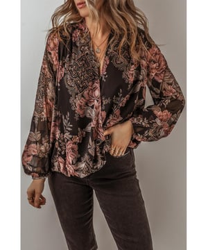Black floral print
  V neck wrap design
  Balloon sleeves
  Loose fit for comfort
  Fresh and feminine look
  Trendy and chic silhouette
Material: 100% Polyester