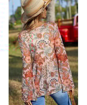Orange floral print design
  Deep V neck for an elegant neckline
  Front knot detail adds style
  Trendy bell sleeves for a romantic touch
  High elasticity for comfort
  Available in sizes S to XL
Material: 95% Polyester 5% Elastane