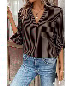 Brown stripe design
  V neck design
  Roll up sleeves
  Patched pocket
  Suitable for casual and dressing up
Material: 59% Polyester 41% Cotton
